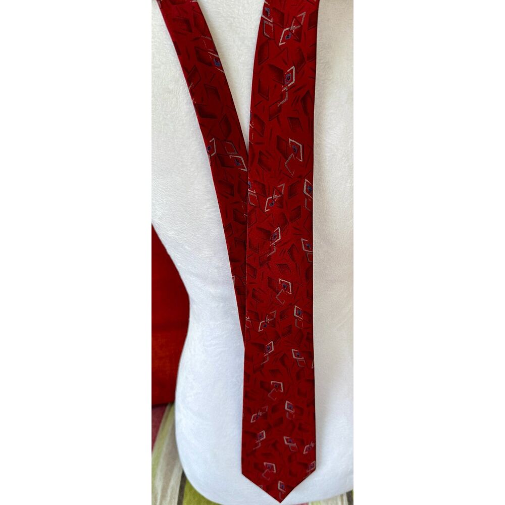 Lorenzo 100% Silk Tie Hand Made in Italy Red Abstract Gray Accents